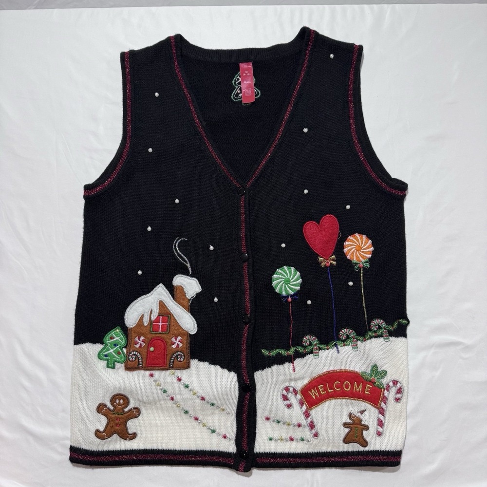 90s Granny Holiday Christmas Sweater Vest Gingerbread House Candy Black Size M